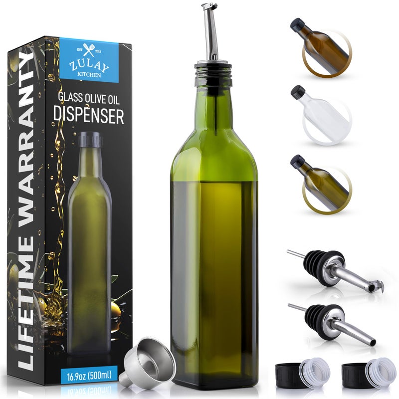 Zulay Kitchen 17oz Olive Oil Dispenser Bottle - Glass Oil Cruet with Spout  Funnel & Pourers  Easy-Pour Decanter for Kitchen Cooking and Serving (Green) - Image 1